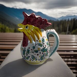 Ceramic Chicken Pitcher 8.5”Deruta Italy Hand Painted Cottage Country